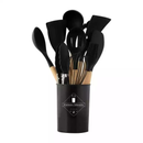 Kit C/12 Peças Utensílios De Cozinha Colheres Espatula Silicone Cabo Madeira Decoração Livre BPA