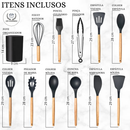 Kit C/12 Peças Utensílios De Cozinha Colheres Espatula Silicone Cabo Madeira Decoração Livre BPA