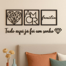 Kit 3 Quadros Cabeceira Familia Coração Geométrico Amor + Frase de Parede Variados Sala Mini coração