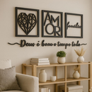 Kit 3 Quadros Decorativos Vazados Família Amor Coração Geométrico em MDF Preto – Cabeceira e Sala