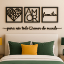 Kit 3 Quadros Decorativos Vazados Família Amor Coração Geométrico em MDF Preto – Cabeceira e Sala