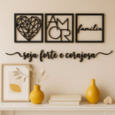 Kit 3 Quadros Decorativos Vazados Família Amor Coração Geométrico em MDF Preto – Cabeceira e Sala