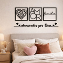Kit 3 Quadros Decorativos Vazados Família Amor Coração Geométrico em MDF Preto – Cabeceira e Sala