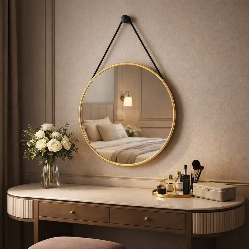 Espelho Redondo Adnet 50cm com Alça e Suporte Sala Hall Lavabo Banheiro Quarto - Outlet Dos Espelhos
