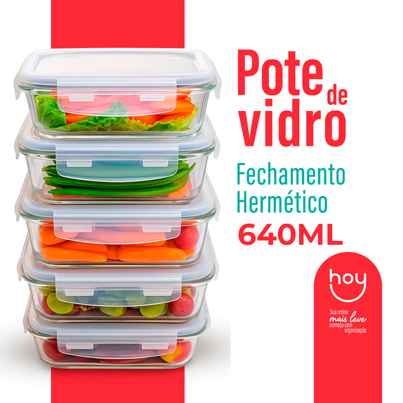 Conjunto Potes 640ml Vidro Hermético 4 Travas Marmita Alta Vedação Marmita Kit 2/3/5