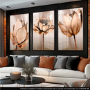 Kit 3 Peças Quadros Decorativos Mdf Flores Ton Cobre Gold Folhas Moldura Para Quarto Sala Escritório