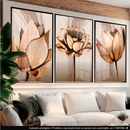 Kit 3 Peças Quadros Decorativos Mdf Flores Ton Cobre Gold Folhas Moldura Para Quarto Sala Escritório