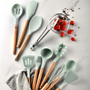Kit C/12 Peças Utensílios De Cozinha Colheres Espatula Silicone Cabo Madeira Decoração Livre BPA
