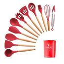 Kit C/12 Peças Utensílios De Cozinha Colheres Espatula Silicone Cabo Madeira Decoração Livre BPA