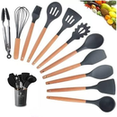 Kit Utensílios de Cozinha Silicone 12 Peças com Cabo de Madeira – Resistente até 250°C e Livre de BPA